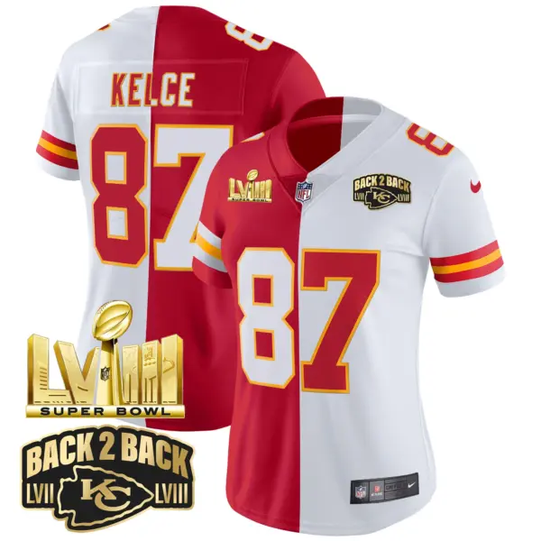 Womens Kansas City Chiefs Super Bowl LVIII Back 2 Back Gold Patch Vapor Jersey V2 Travis Kelce Jersey Split