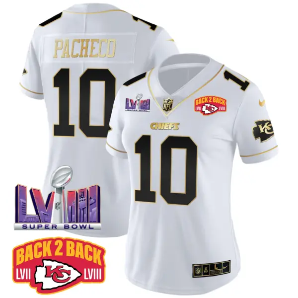 Womens Kansas City Chiefs Super Bowl LVIII Back 2 Back Patch Vapor Jersey V2 Isiah Pacheco Jersey White Gold