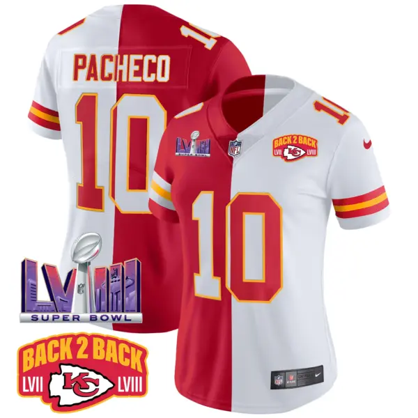 Womens Kansas City Chiefs Super Bowl LVIII Back 2 Back Patch Vapor Jersey V2 Isiah Pacheco Jersey Split