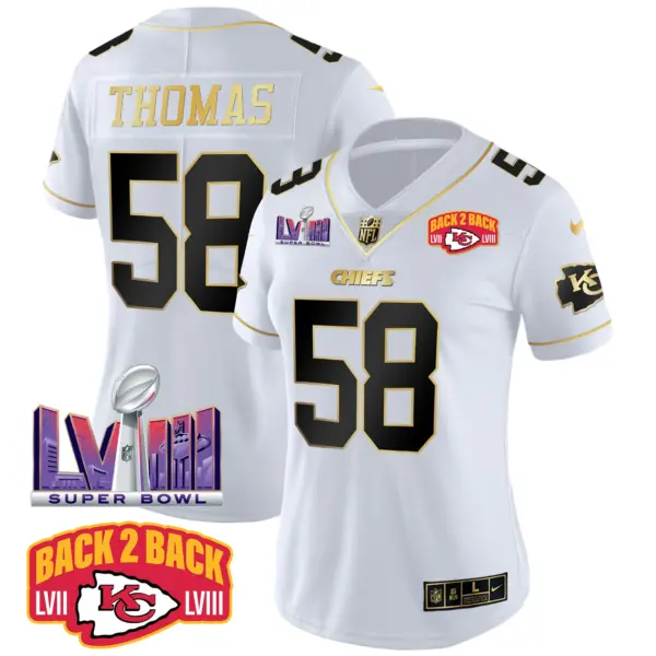 Womens Kansas City Chiefs Super Bowl LVIII Back 2 Back Patch Vapor Jersey V2 Derick Thomas Jersey White Gold