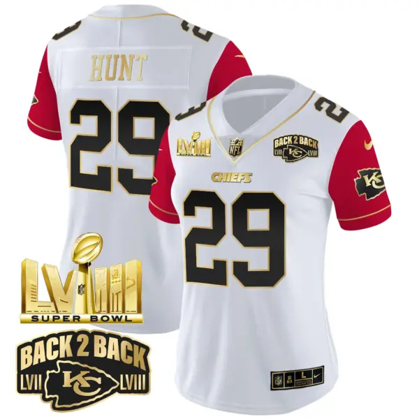 Womens Kansas City Chiefs Super Bowl LVIII Back 2 Back Gold Patch Vapor Jersey V2 Kareem Hunt Jersey Color Sleeves