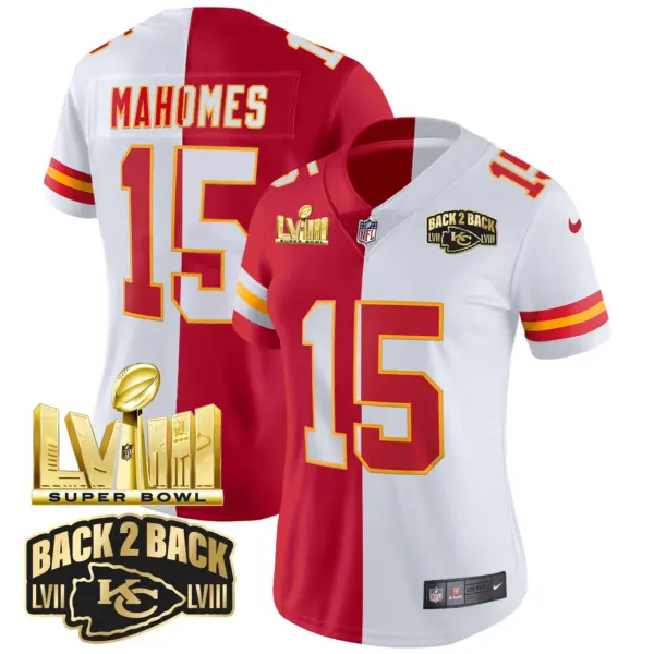 Womens Kansas City Chiefs Super Bowl LVIII Back 2 Back Gold Patch Vapor Jersey V2 Patrick Mahomes Jersey Split