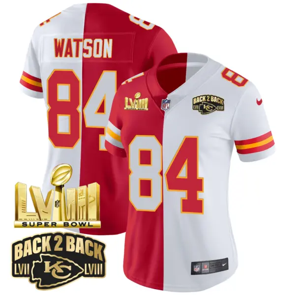 Womens Kansas City Chiefs Super Bowl LVIII Back 2 Back Gold Patch Vapor Jersey V2 Justin Watson Jersey Split