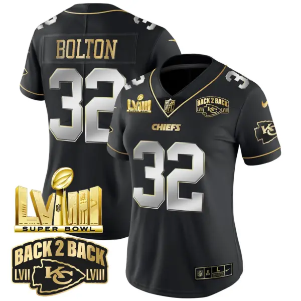 Womens Kansas City Chiefs Super Bowl LVIII Back 2 Back Gold Patch Vapor Jersey V2 Nick Bolton Jersey Black Limited