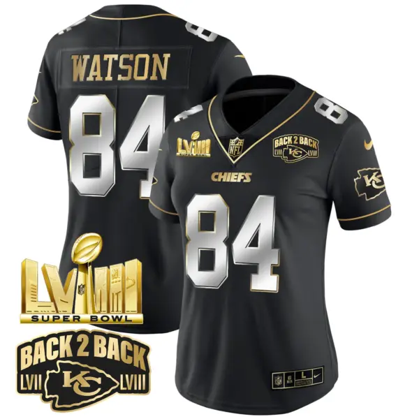 Womens Kansas City Chiefs Super Bowl LVIII Back 2 Back Gold Patch Vapor Jersey V2 Justin Watson Jersey Black Limited