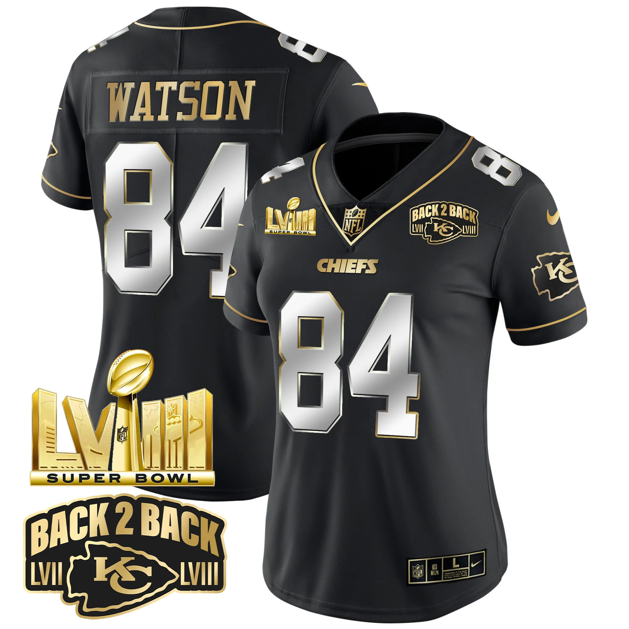 Womens Kansas City Chiefs Super Bowl LVIII Back 2 Back Gold Patch Vapor Jersey V2 Justin Watson Jersey Black Limited
