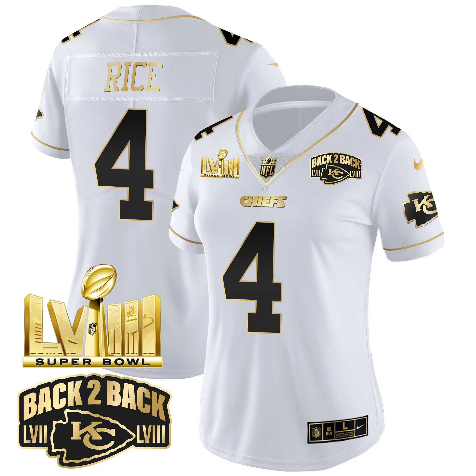 Womens Kansas City Chiefs Super Bowl LVIII Back 2 Back Gold Patch Vapor Jersey V2 Rashee Rice Jersey White Gold