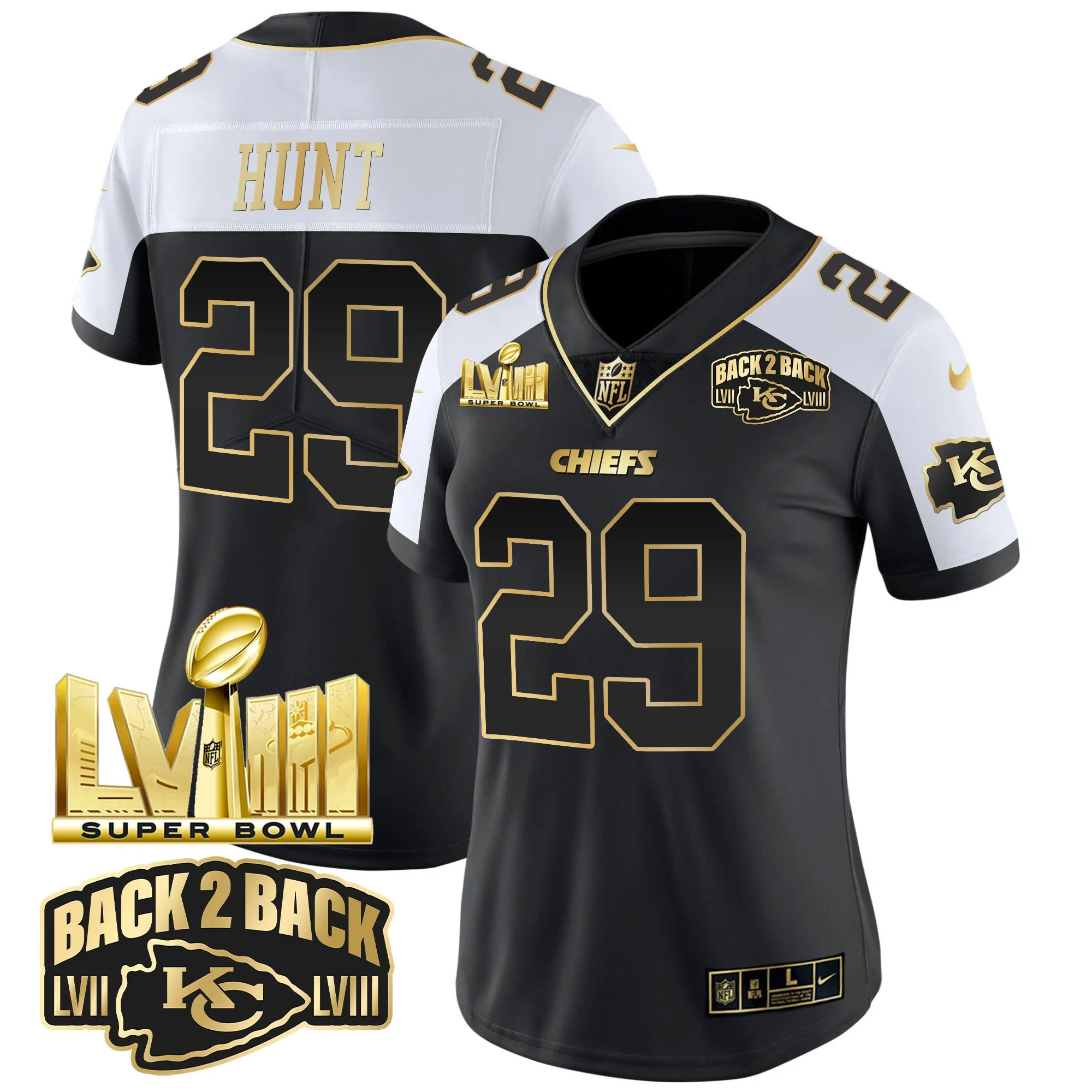 Womens Kansas City Chiefs Super Bowl LVIII Back 2 Back Gold Patch Vapor Jersey V2 Kareem Hunt Jersey Alternate