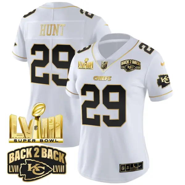 Womens Kansas City Chiefs Super Bowl LVIII Back 2 Back Gold Patch Vapor Jersey V2 Kareem Hunt Jersey White Gold