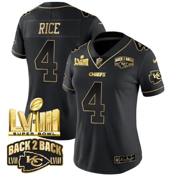 Womens Kansas City Chiefs Super Bowl LVIII Back 2 Back Gold Patch Vapor Jersey V2 Rashee Rice Jersey Black Gold