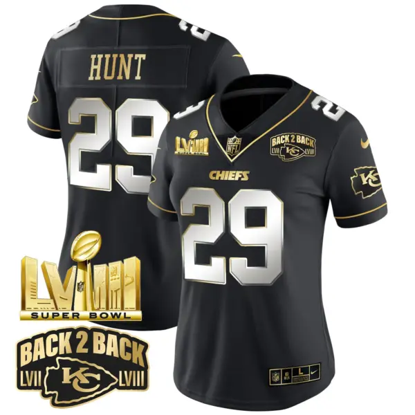 Womens Kansas City Chiefs Super Bowl LVIII Back 2 Back Gold Patch Vapor Jersey V2 Kareem Hunt Jersey Black Limited
