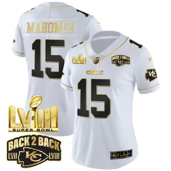 Womens Kansas City Chiefs Super Bowl LVIII Back 2 Back Gold Patch Vapor Jersey V2 Patrick Mahomes Jersey White Gold