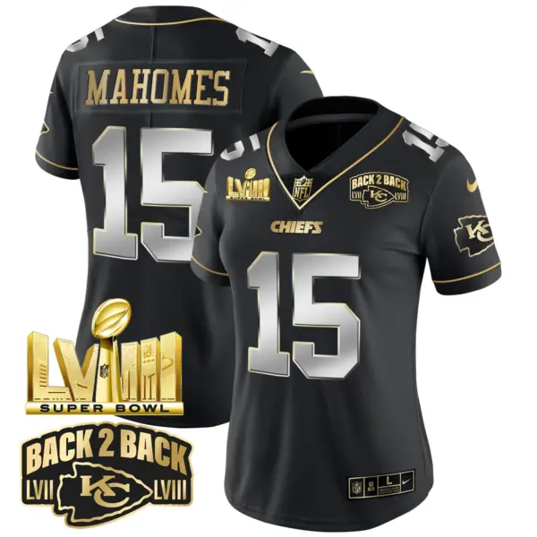 Womens Kansas City Chiefs Super Bowl LVIII Back 2 Back Gold Patch Vapor Jersey V2 Patrick Mahomes Jersey Black Limited