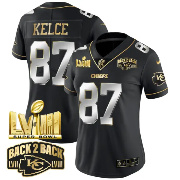 Womens Kansas City Chiefs Super Bowl LVIII Back 2 Back Gold Patch Vapor Jersey V2 Travis Kelce Jersey Black Limited