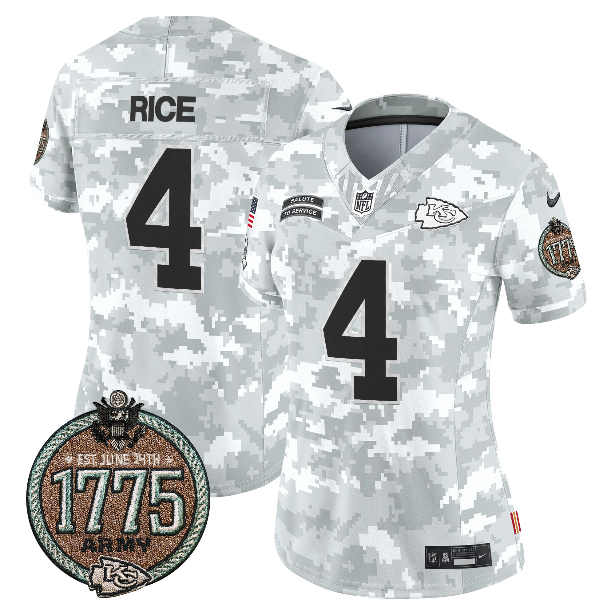 Womens Kansas City Chiefs 2024 Salute To Service Establishment Year Patch Vapor Limited Jersey Rashee Rice Jersey Army