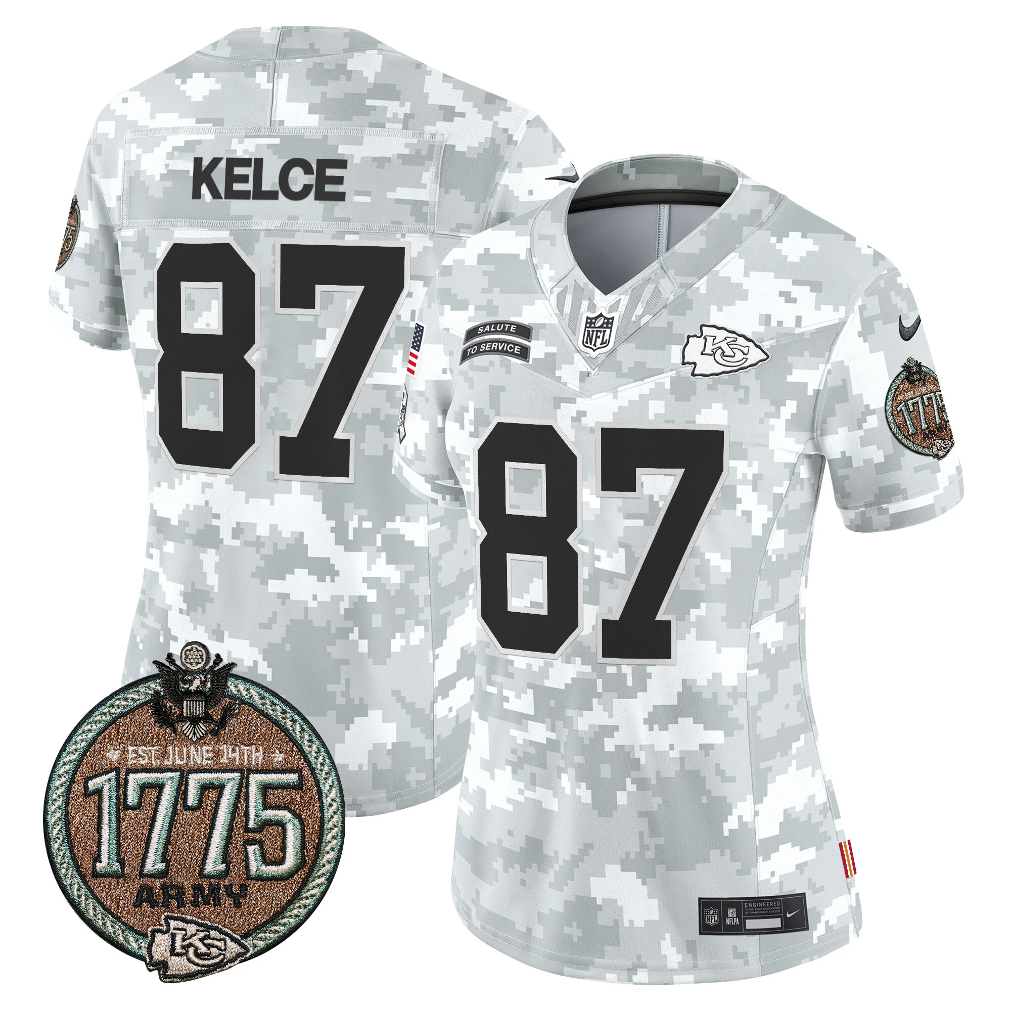 Womens Kansas City Chiefs 2024 Salute To Service Establishment Year Patch Vapor Limited Jersey Travis Kelce Jersey Army