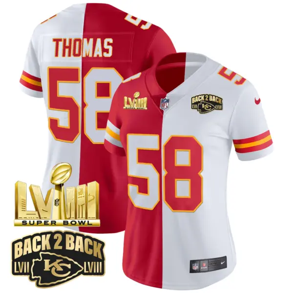 Womens Kansas City Chiefs Super Bowl LVIII Back 2 Back Gold Patch Vapor Jersey V2 Derrick Thomas Jersey Split