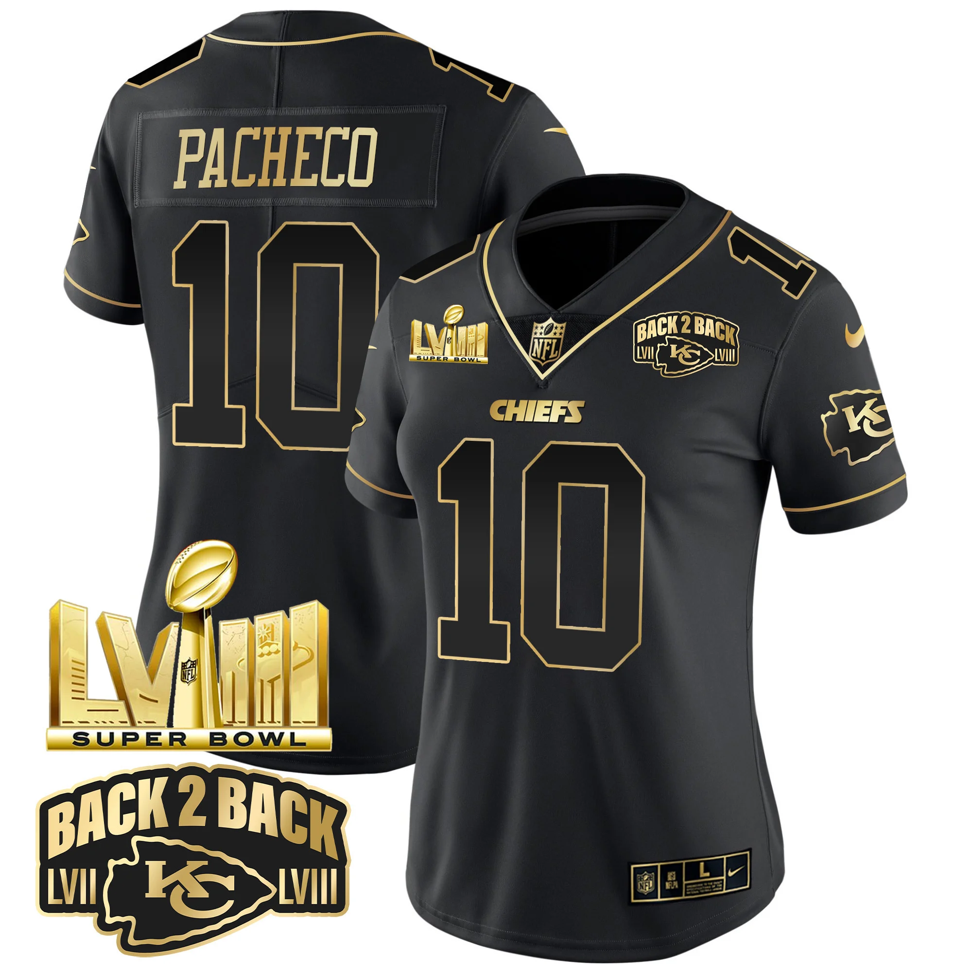 Womens Kansas City Chiefs Super Bowl LVIII Back 2 Back Gold Patch Vapor Jersey V2 Isiah Pacheco Jersey Black Gold
