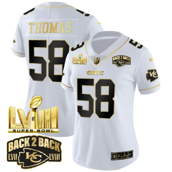 Womens Kansas City Chiefs Super Bowl LVIII Back 2 Back Gold Patch Vapor Jersey V2 Derrick Thomas Jersey White Gold