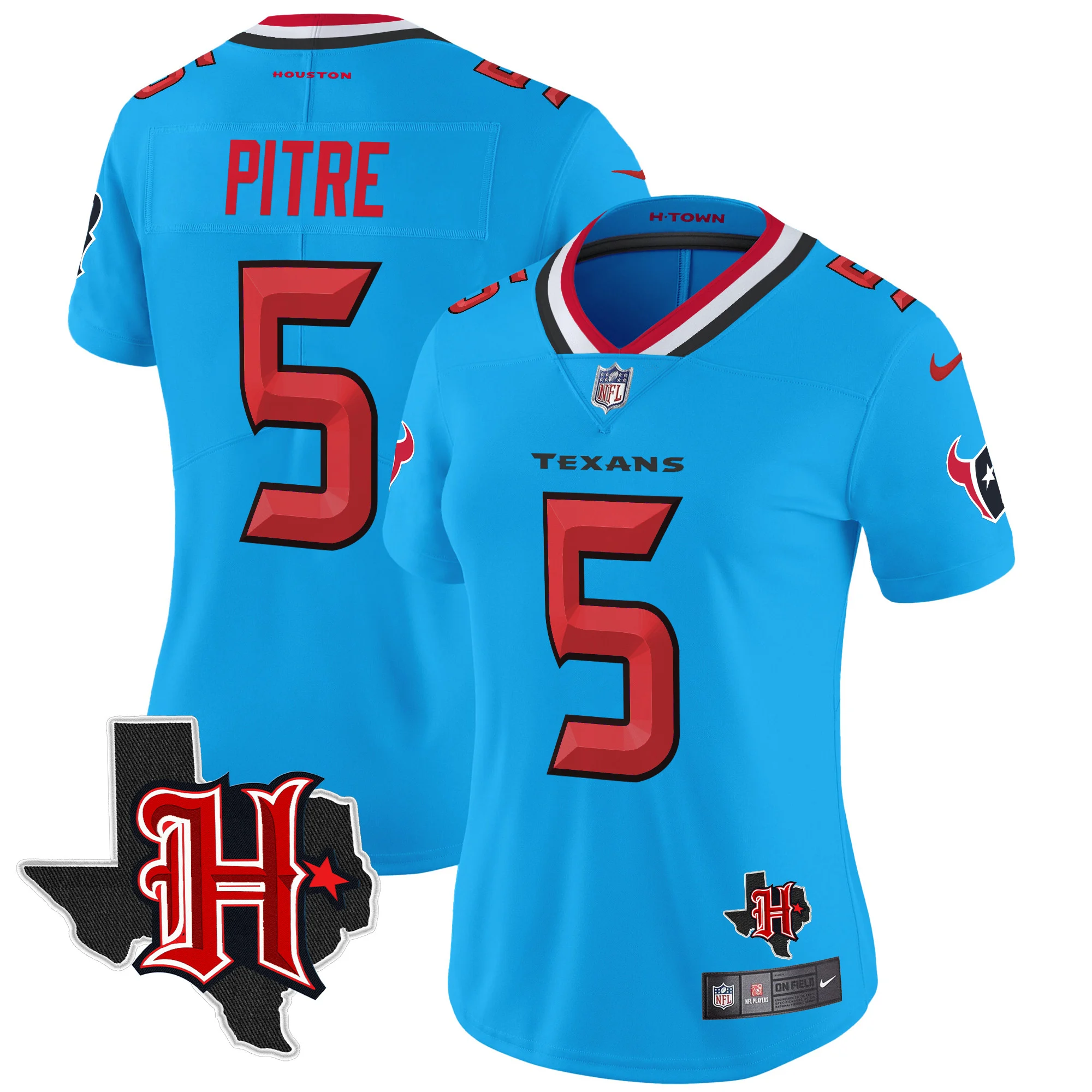 Womens Houston Texans 2024 Texas Patch Vapor Limited Jersey V5 Jalen Pitre Jersey Blue