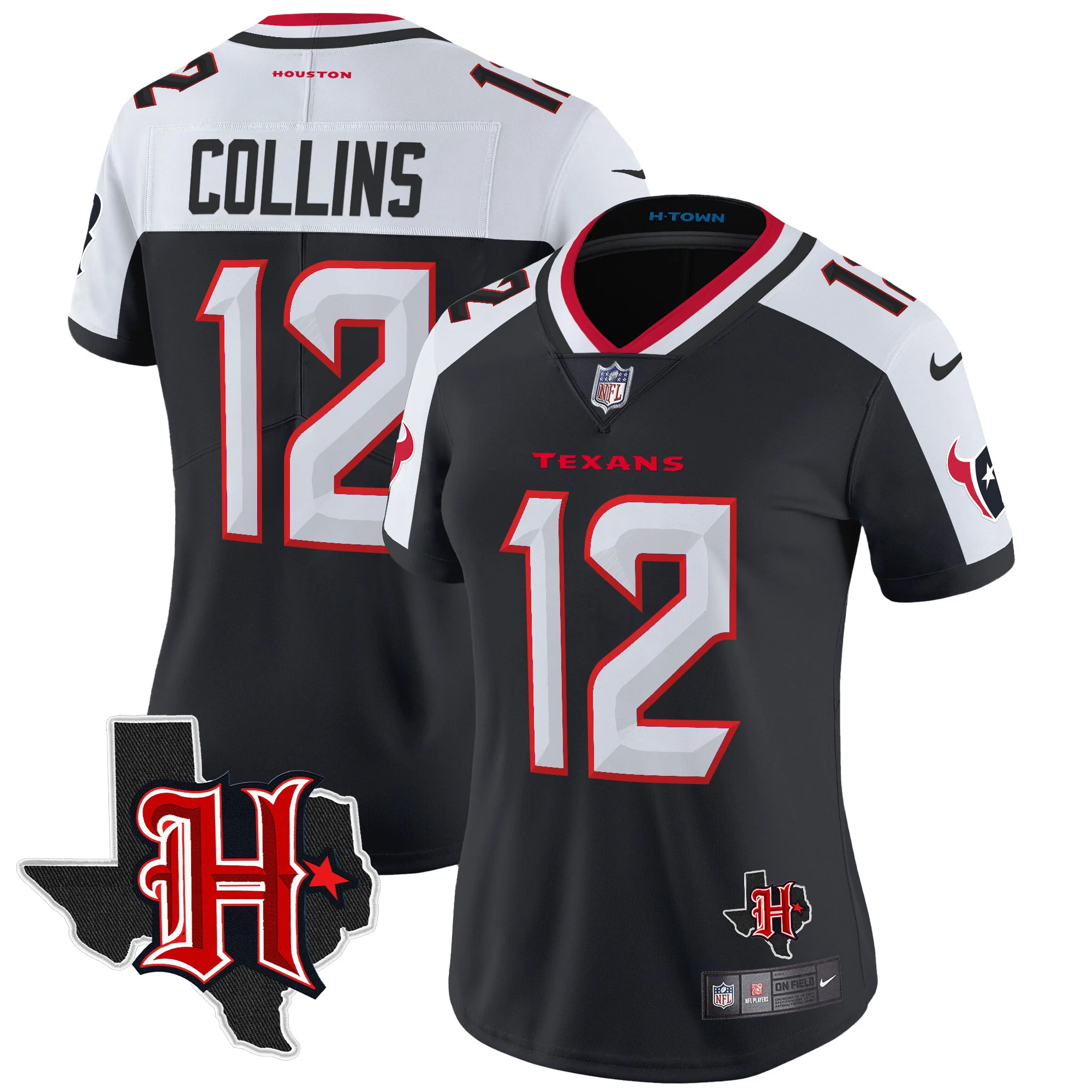 Womens Houston Texans 2024 Texas Patch Vapor Limited Jersey V5 Nico Collins Jersey Navy Alternate