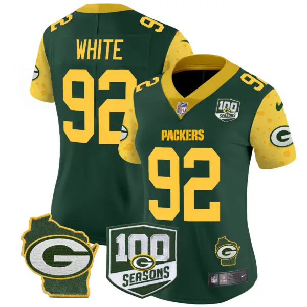 Womens Green Bay Packers 100Th Season Home Patch Cheese Vapor Limited Jersey Reggie White Jersey Green