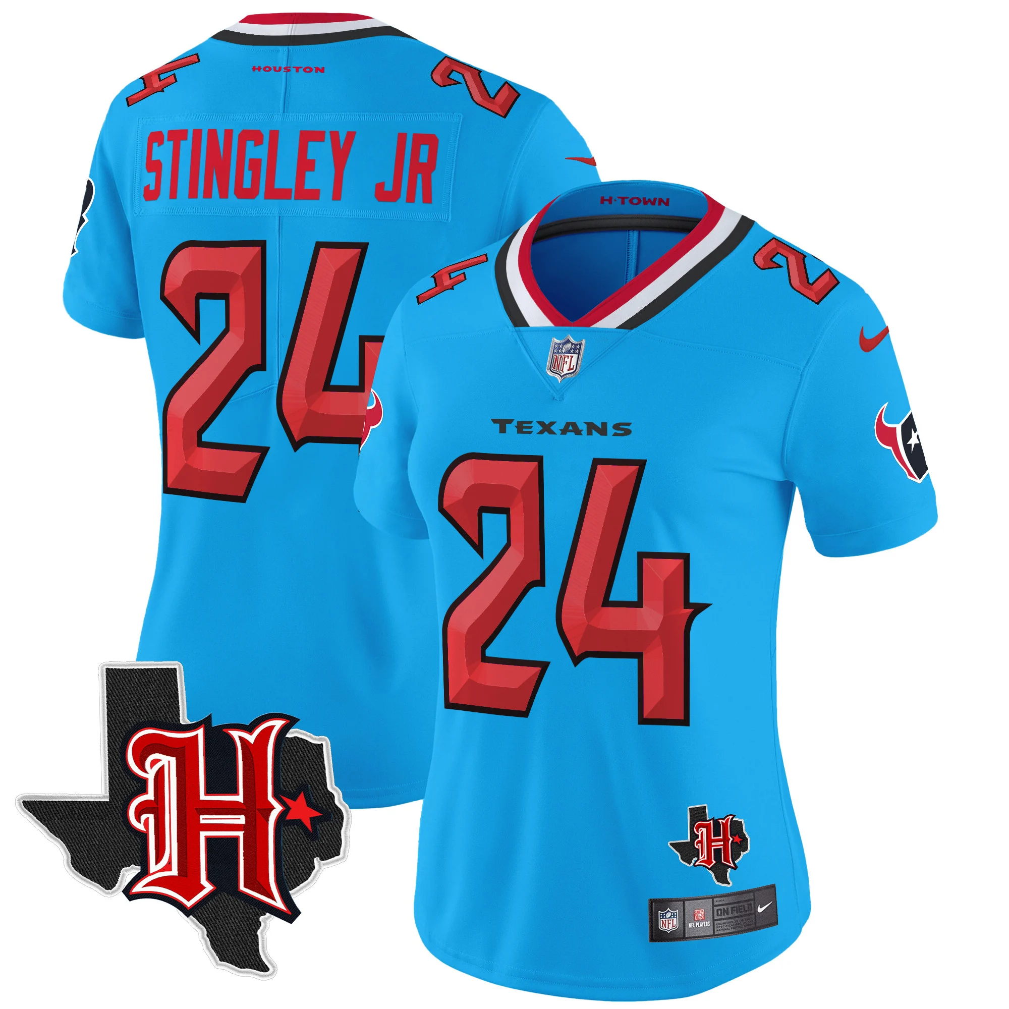 Womens Houston Texans 2024 Texas Patch Vapor Limited Jersey V5 Derek Stringley Jr Jersey Blue