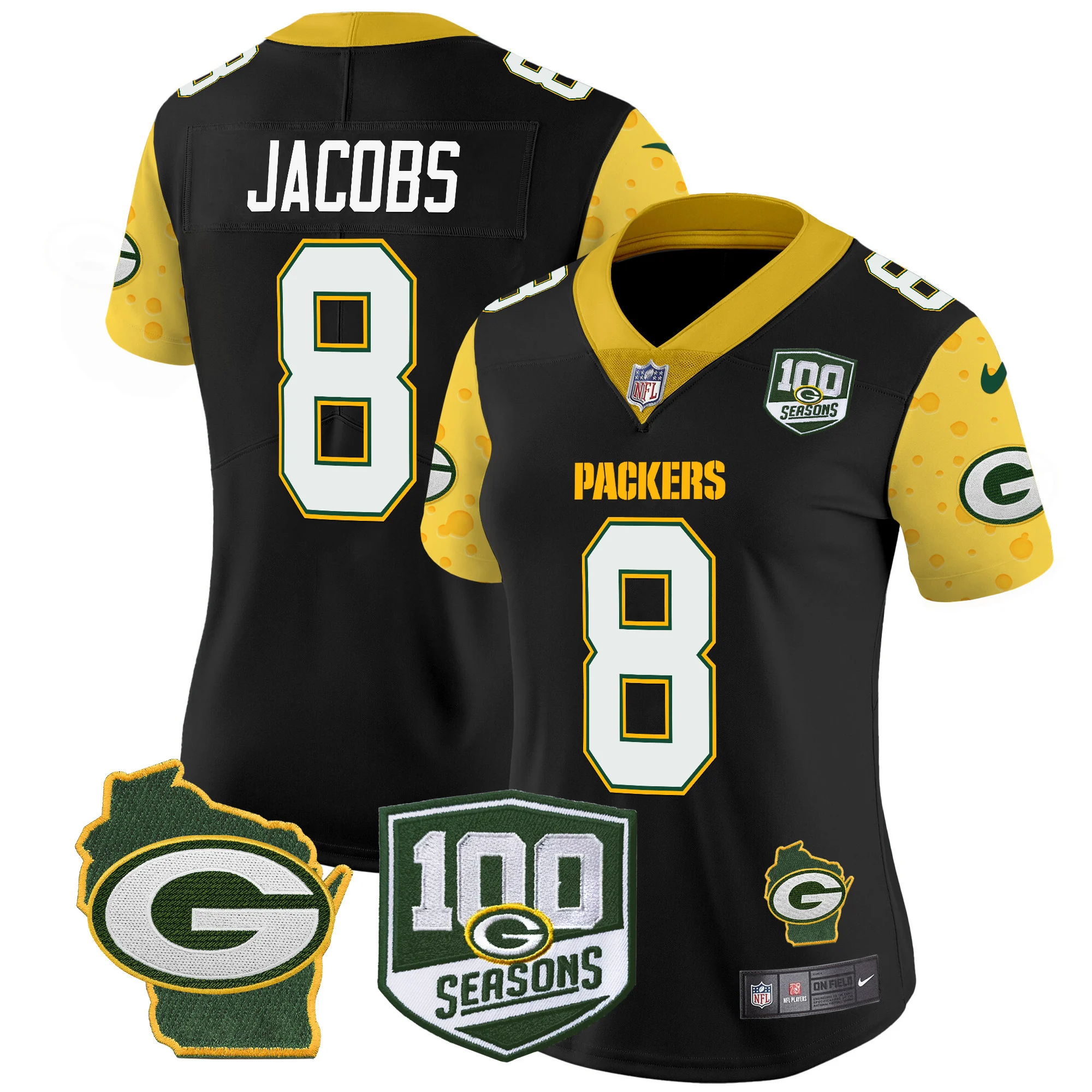 Womens Green Bay Packers 100Th Season Home Patch Cheese Vapor Limited Jersey Josh Jacobs Jersey Black