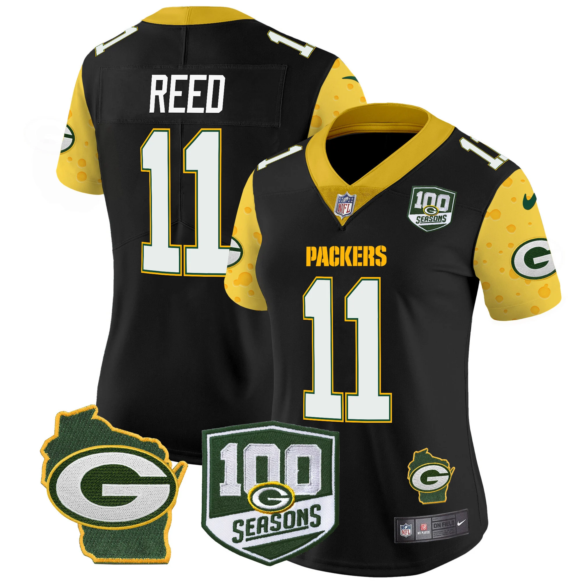 Womens Green Bay Packers 100Th Season Home Patch Cheese Vapor Limited Jersey Jayden Reed Jersey Black