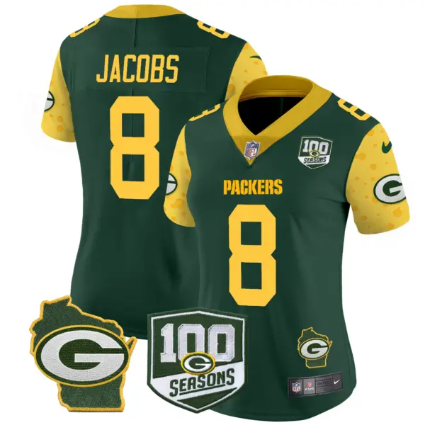 Womens Green Bay Packers 100Th Season Home Patch Cheese Vapor Limited Jersey Josh Jacobs Jersey Green