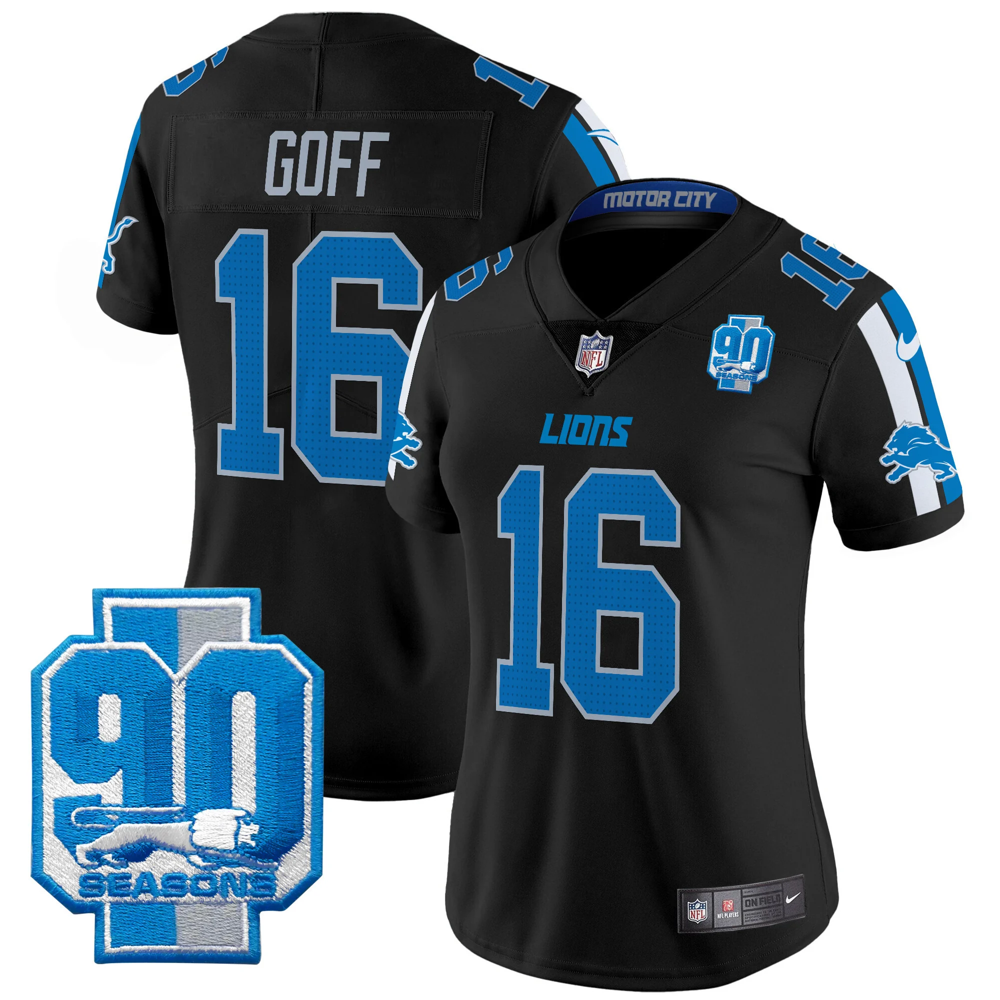 Womens Detroit Lions 90Th Year Patch Vapor Limited Jersey Jared Goff Jersey Black