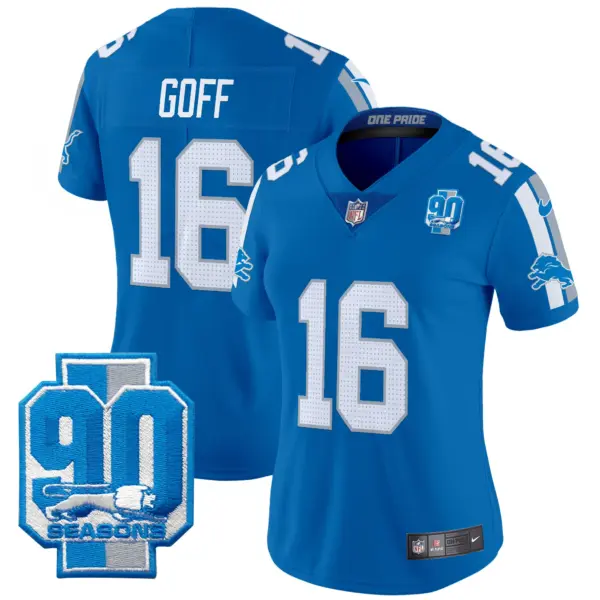 Womens Detroit Lions 90Th Year Patch Vapor Limited Jersey Jared Goff Jersey Blue
