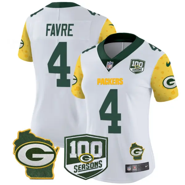 Womens Green Bay Packers 100Th Season Home Patch Cheese Vapor Limited Jersey Brett Favre Jersey White
