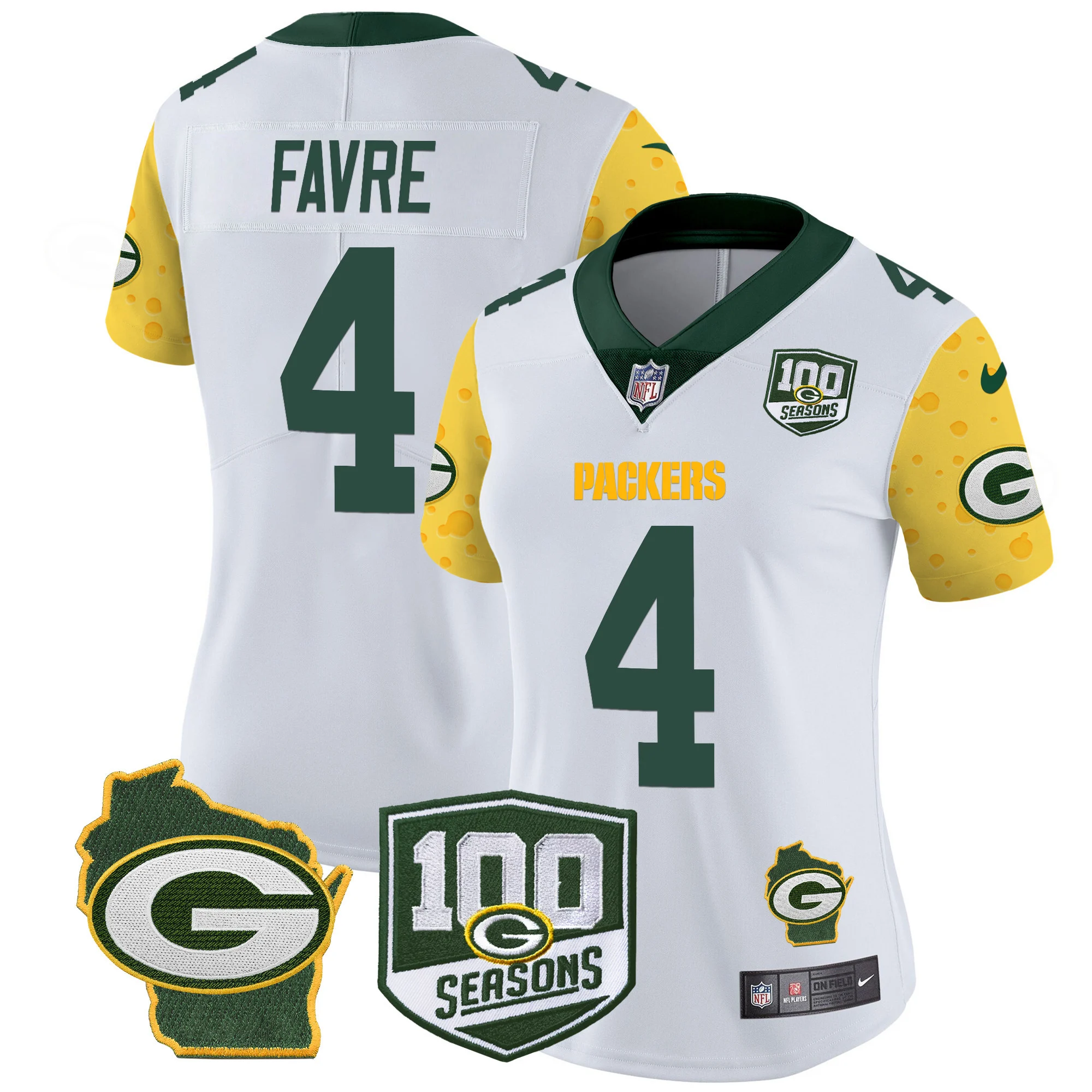 Womens Green Bay Packers 100Th Season Home Patch Cheese Vapor Limited Jersey Brett Favre Jersey White