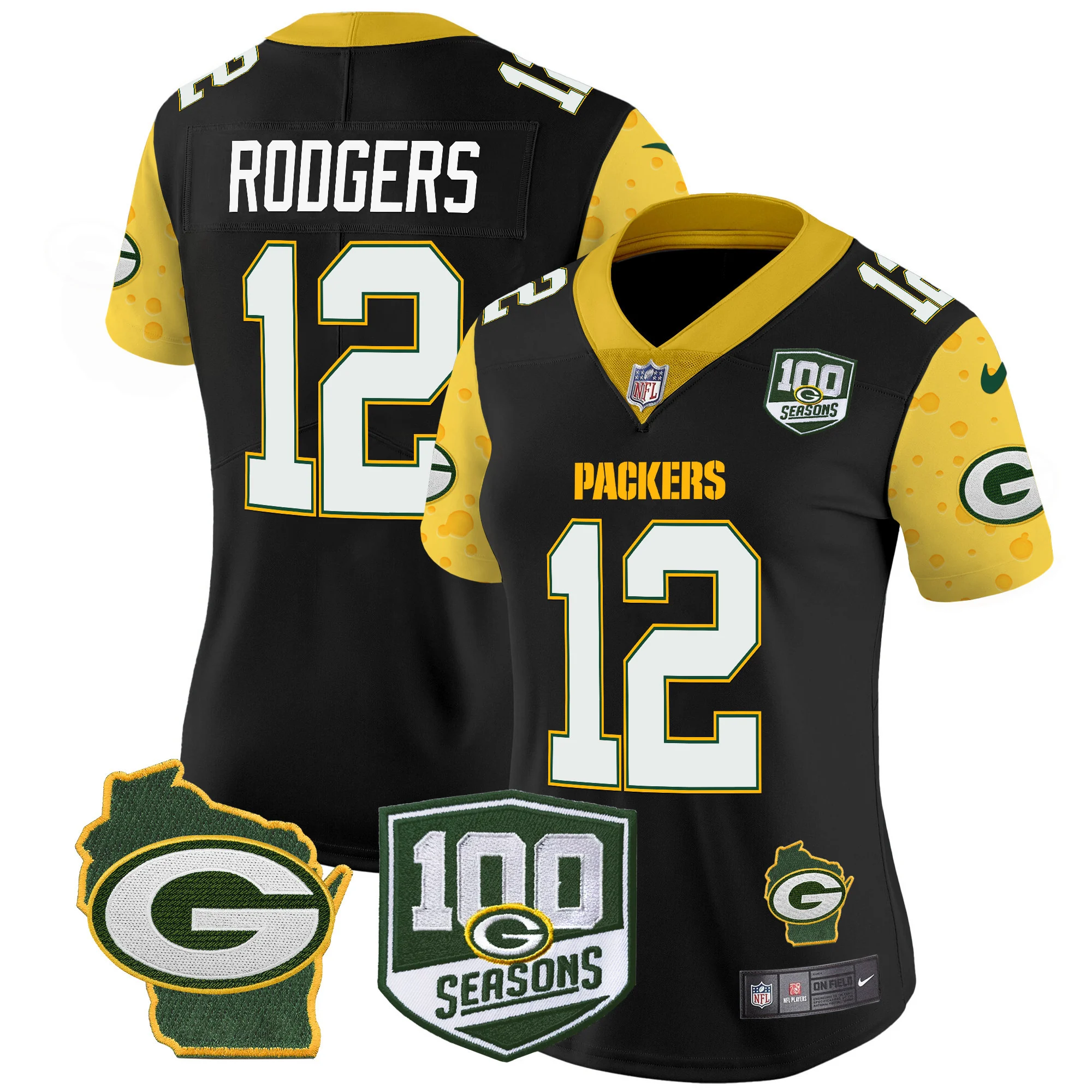 Womens Green Bay Packers 100Th Season Home Patch Cheese Vapor Limited Jersey Aaron Rodgers Jersey Black