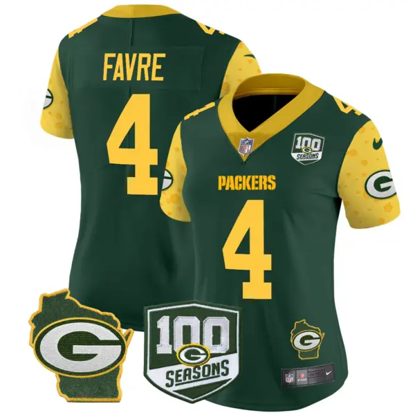 Womens Green Bay Packers 100Th Season Home Patch Cheese Vapor Limited Jersey Brett Favre Jersey Green