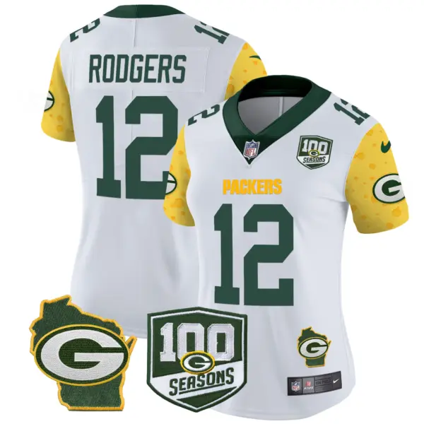 Womens Green Bay Packers 100Th Season Home Patch Cheese Vapor Limited Jersey Aaron Rodgers Jersey White