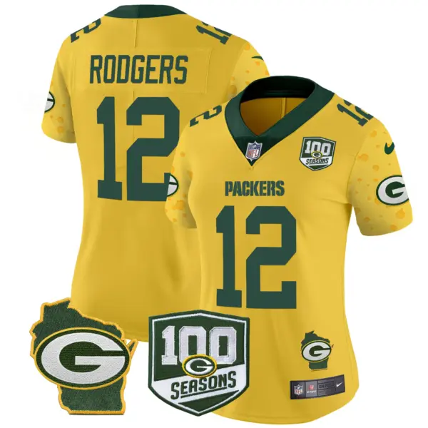 Womens Green Bay Packers 100Th Season Home Patch Cheese Vapor Limited Jersey Aaron Rodgers Jersey Gold