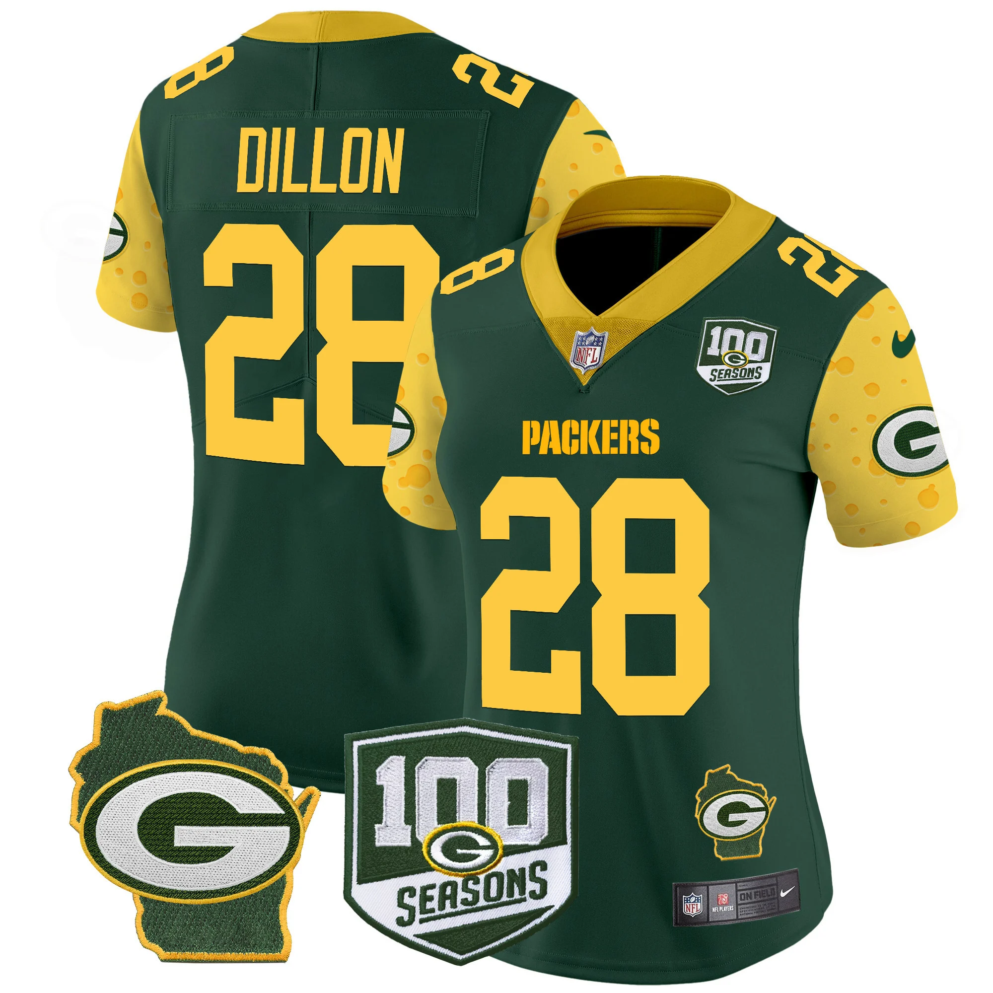 Womens Green Bay Packers 100Th Season Home Patch Cheese Vapor Limited Jersey AJ Dilon Jersey Green