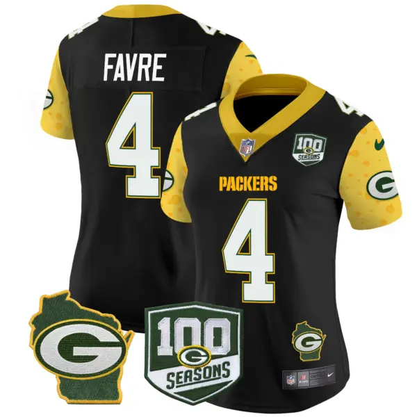 Womens Green Bay Packers 100Th Season Home Patch Cheese Vapor Limited Jersey Brett Favre Jersey Black