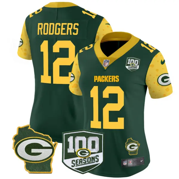 Womens Green Bay Packers 100Th Season Home Patch Cheese Vapor Limited Jersey Aaron Rodgers Jersey Green