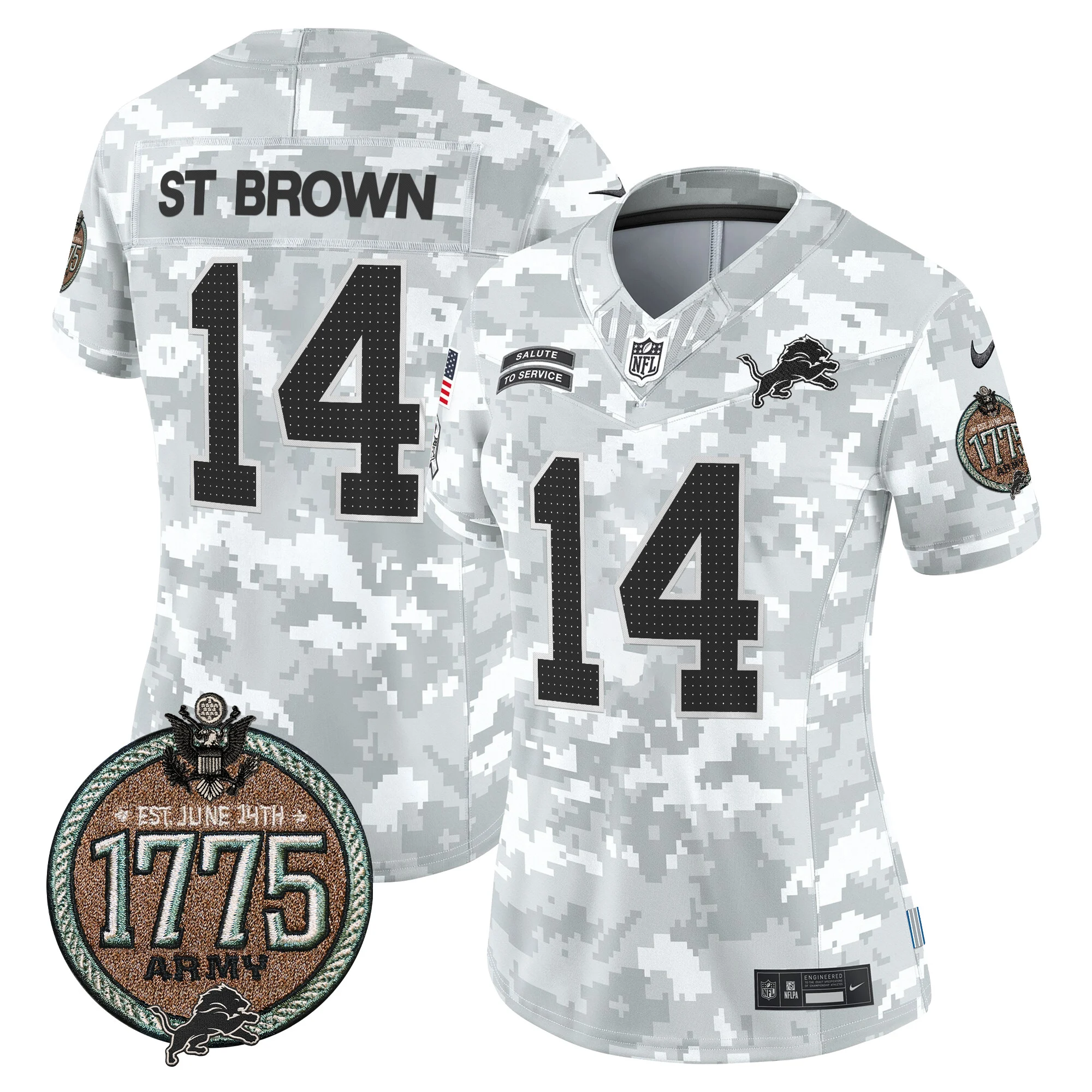 Womens Detroit Lions 2024 Salute To Service Establishment Year Patch Vapor Limited Jersey Stbrown Jersey Army