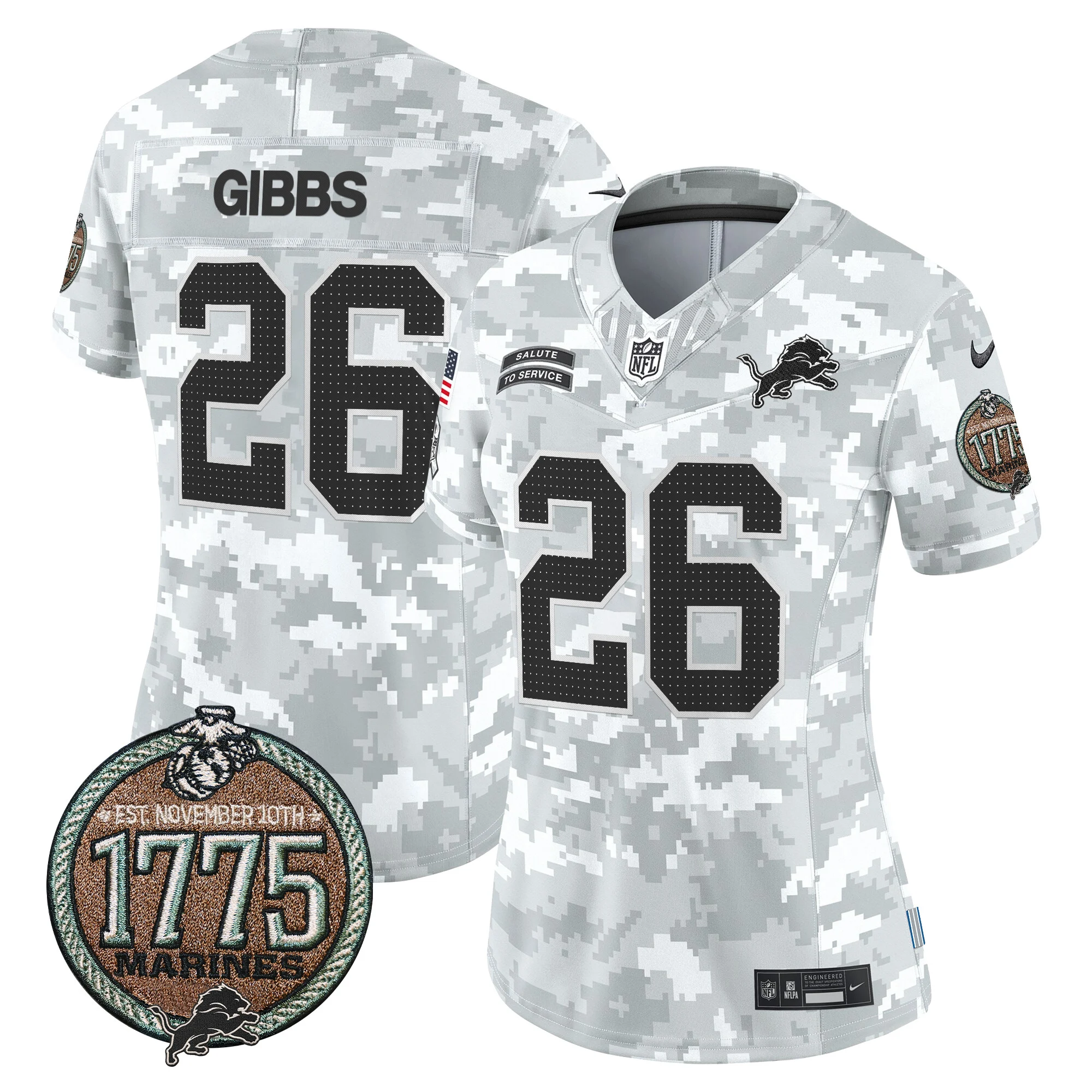 Womens Detroit Lions 2024 Salute To Service Establishment Year Patch Vapor Limited Jersey Jahmyr Gibbs Jersey Marines