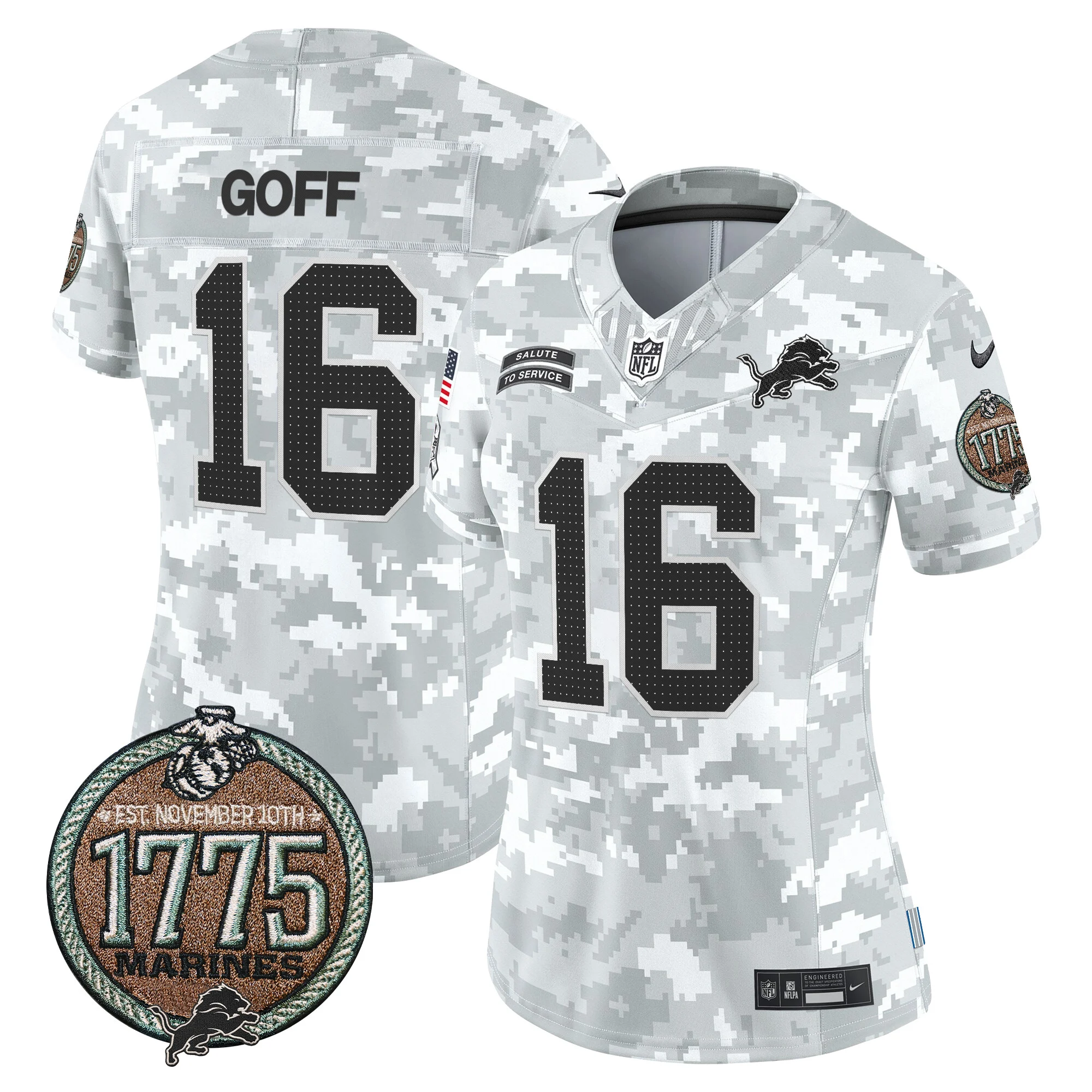 Womens Detroit Lions 2024 Salute To Service Establishment Year Patch Vapor Limited Jersey Jared Goff Jersey Marines