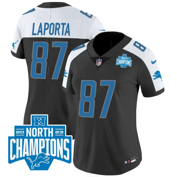 Womens Detroit Lions 2023 NFC North Division Champions Patch Vapor Jersey Sam Laporta Jersey Black Alternate