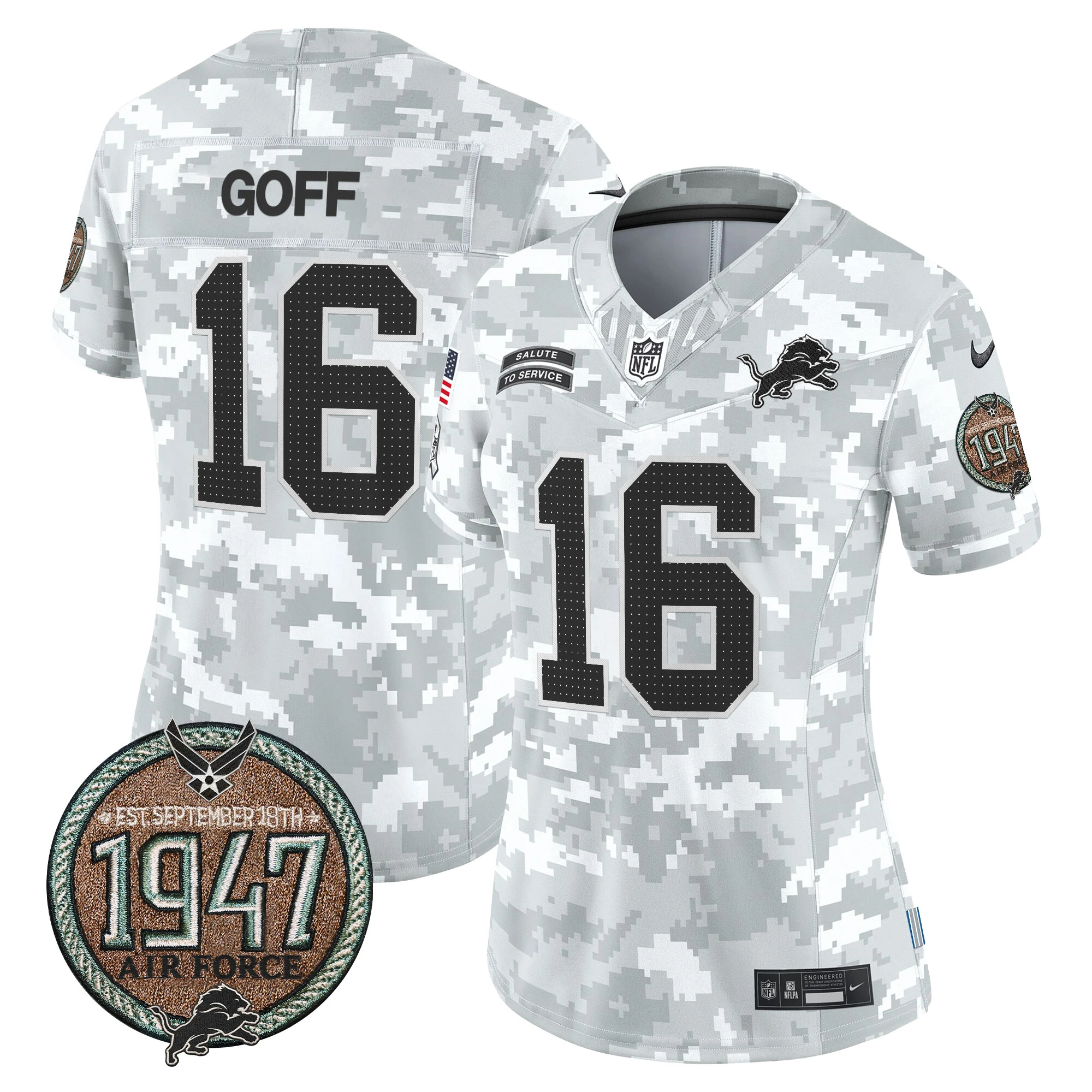 Womens Detroit Lions 2024 Salute To Service Establishment Year Patch Vapor Limited Jersey Jared Goff Jersey Air Force