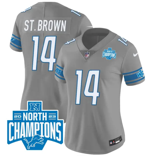 Womens Detroit Lions 2023 NFC North Division Champions Patch Vapor Jersey Stbrown Jersey Gray