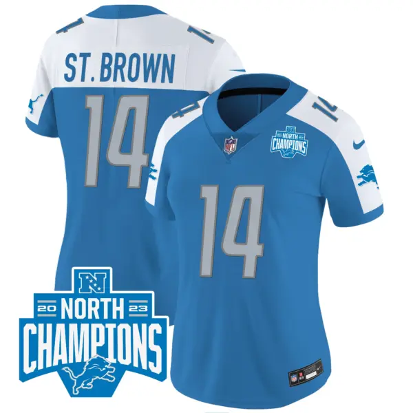 Womens Detroit Lions 2023 NFC North Division Champions Patch Vapor Jersey Stbrown Jersey Blue Alternate
