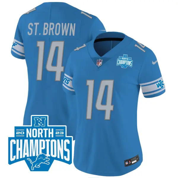 Womens Detroit Lions 2023 NFC North Division Champions Patch Vapor Jersey Stbrown Jersey Blue