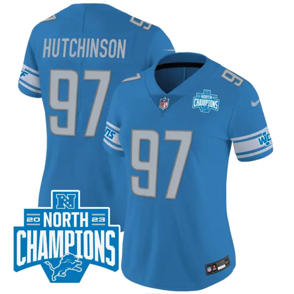 Womens Detroit Lions 2023 NFC North Division Champions Patch Vapor Jersey Hutchinson Jersey Blue